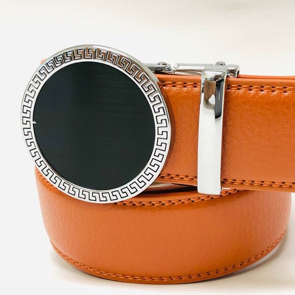 Automatic Silver Lion Designer Buckle Men's Orange Ratchet Genuine Leather Dress - Picture 2 of 3
